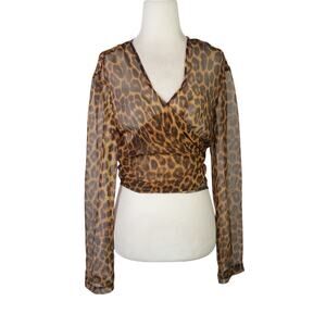 Vintage 90s YES Brown Leopard Print Sheer Wrap Crop Blouse Top M